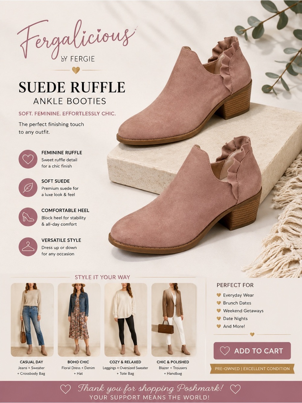 Fergalicious Suede Ruffle Ankle Booties in Dusty Rose